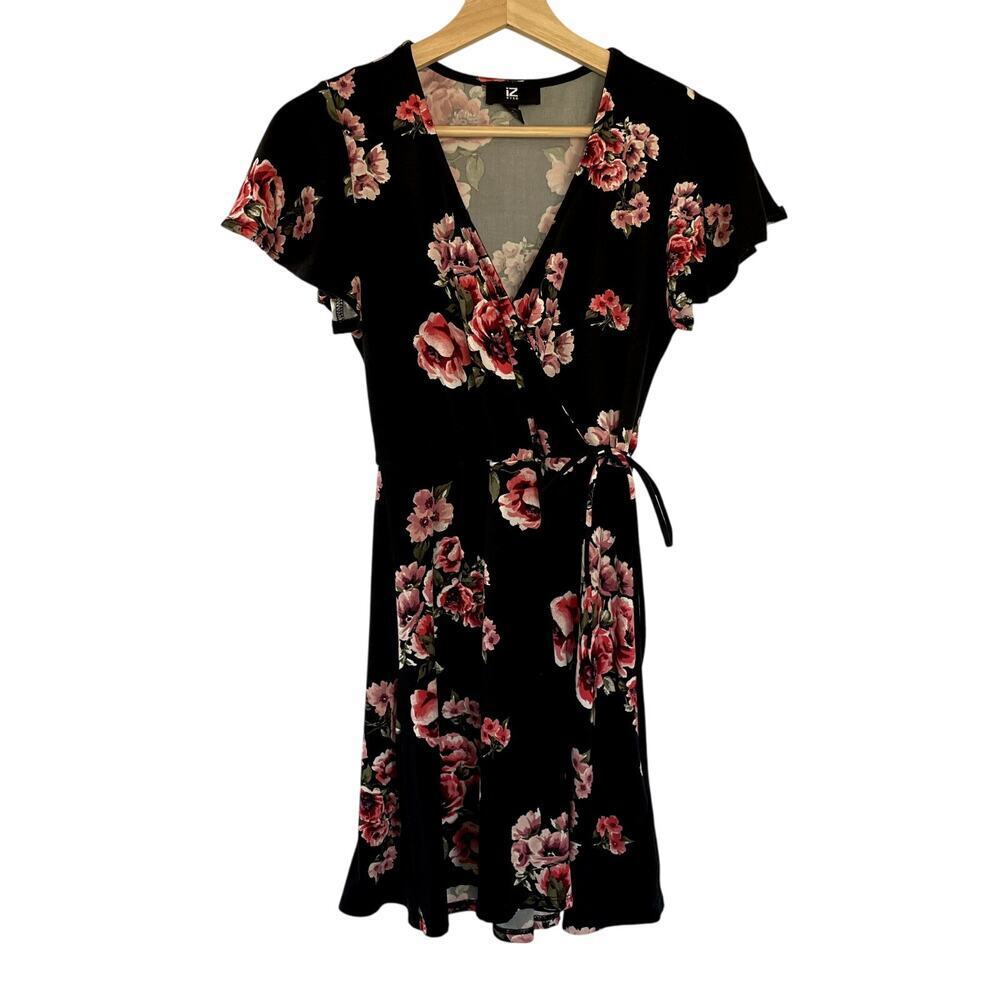 IZ Byer black and pink floral wraparound style dress mini women's size S flutter